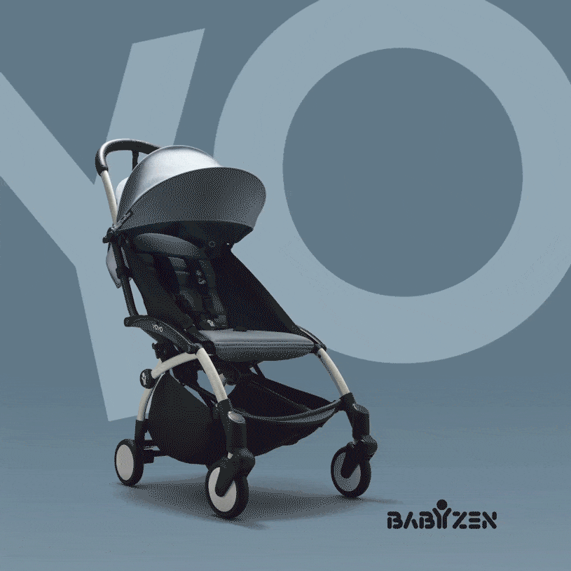 Grå barnevogn mot blå bakgrunn med store bokstaver 'YO'.