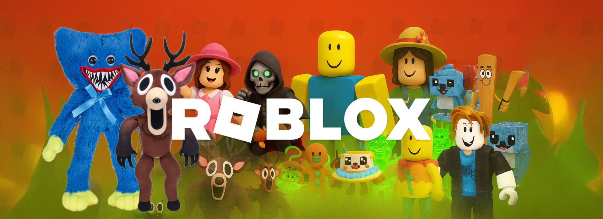 Fargerike Roblox-figurer med teksten 'ROBLOX' i midten.