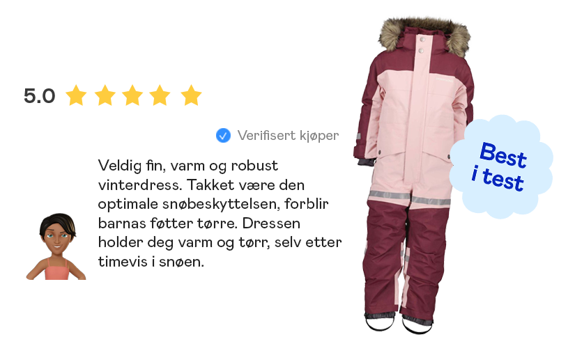 Barn vinterdress med hette, pelskant, ved siden av anmeldelse med fem stjerner.