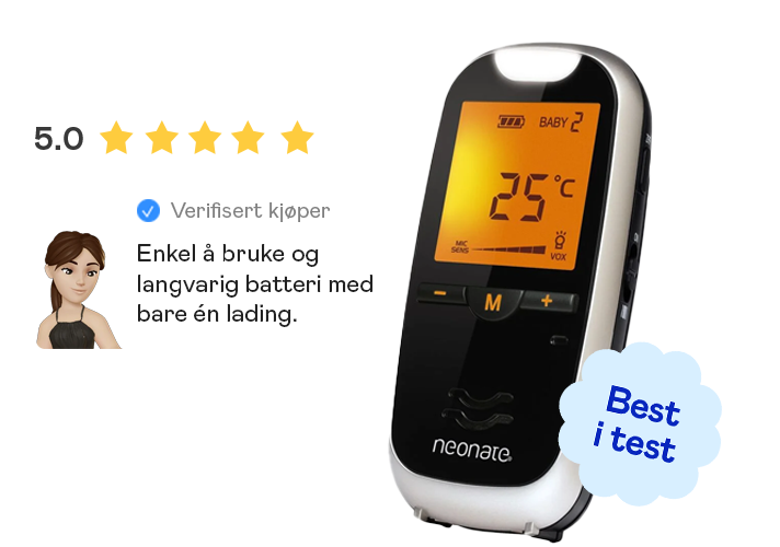 Digital babycall med temperaturvisning, og teksten: "Best i test".