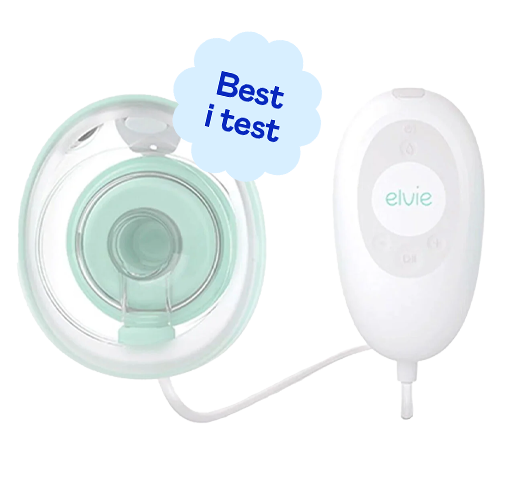 Elektrisk brystpumpe ved siden av blått prismerke.