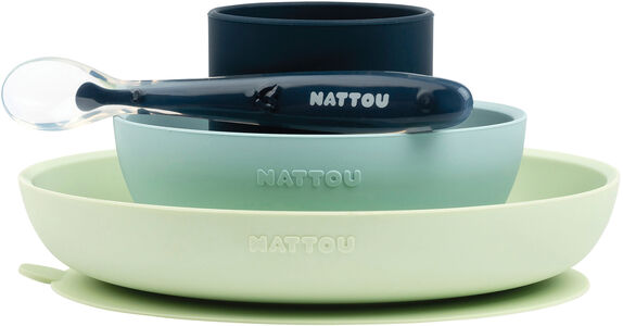 Nattou Soft Silicone Matsett 4 deler, Grønn/Marine