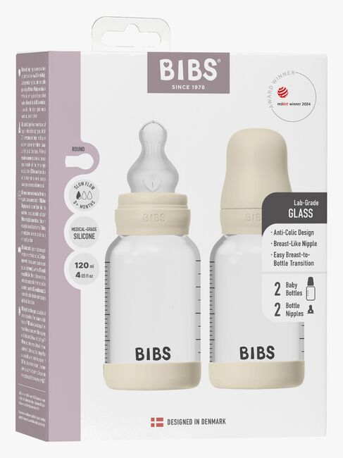 BIBS Slow Flow Glass Tåteflaske Silikon 2-Pakk 120 ml, Ivory