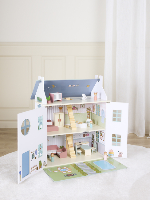 Alice & Fox Dukkehus med Møbler & 4 Dukker, Blå