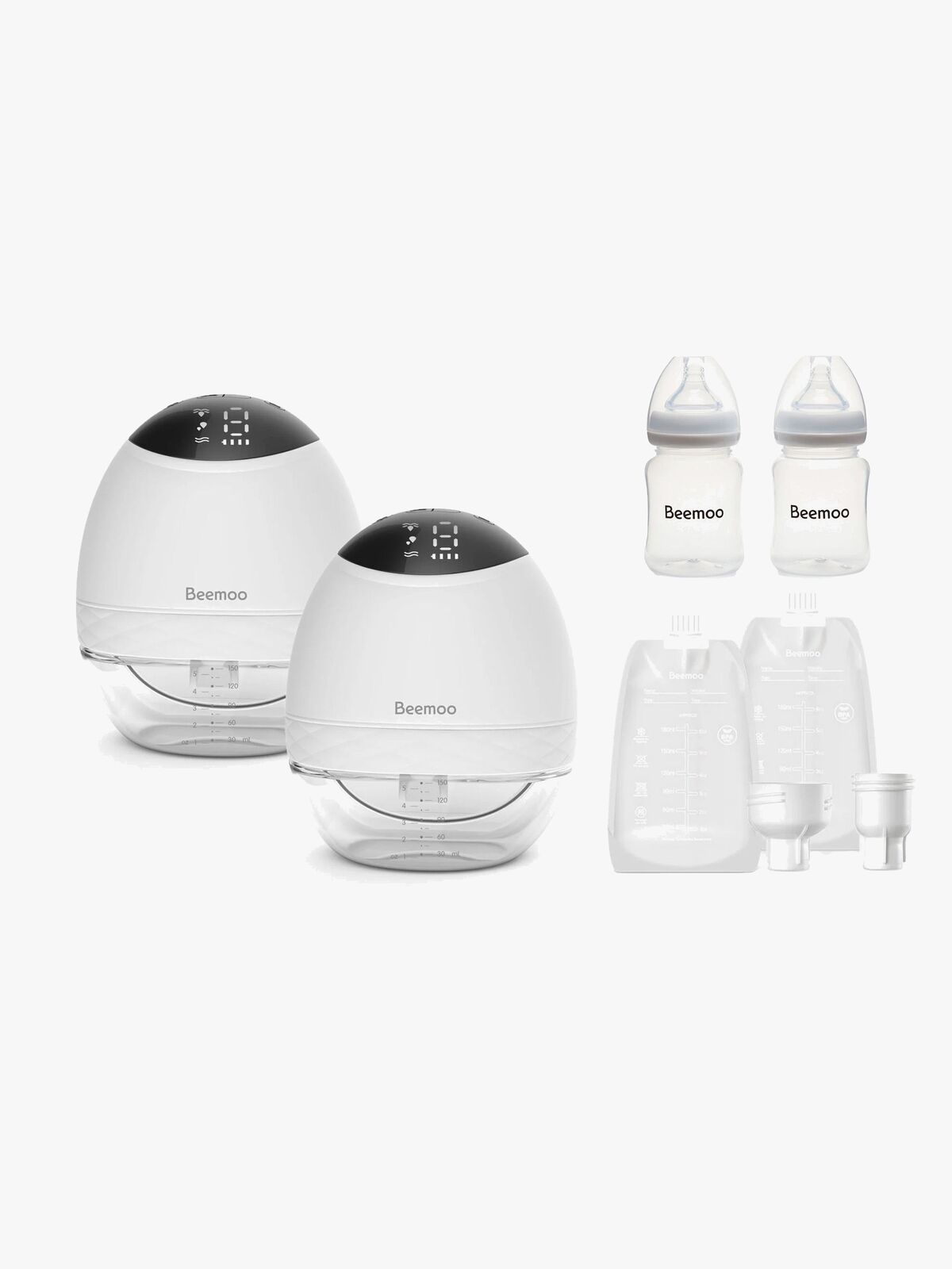 Beemoo CARE Wearable LED Elektrisk Brystpumpe Dobbel inkl. Melkeposer 30-pack & Flasker 2-pack