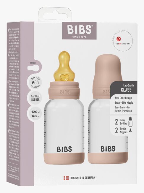BIBS Slow Flow Glass Tåteflaske Latex 2-Pakk 120 ml, Blush