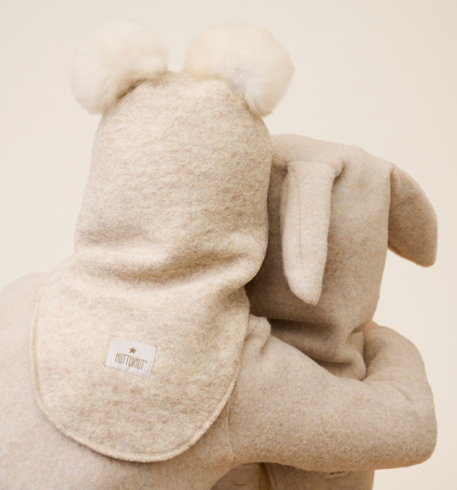 Huttelihut Balaklava Merinoull med Dusker, Sand Melange