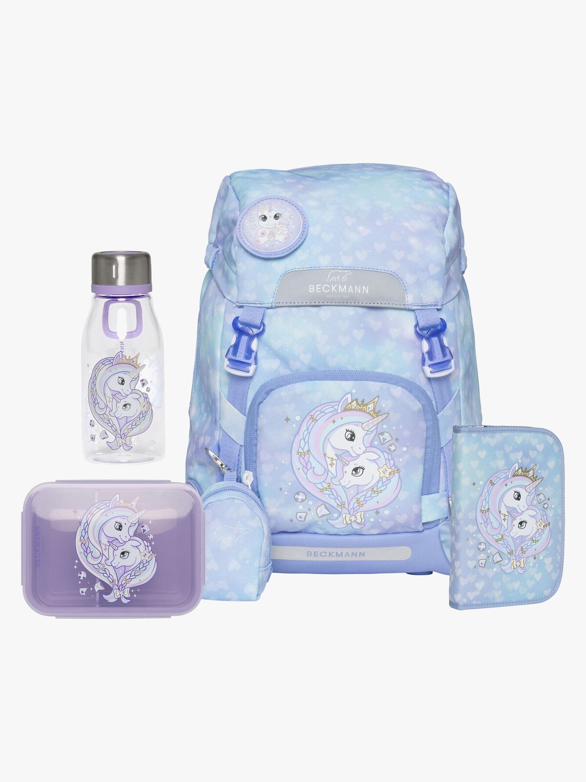 Beckmann Ryggsekk 22L inkl. Pennal, Flaske & Matboks, Unicorn Princess Ice Blue
