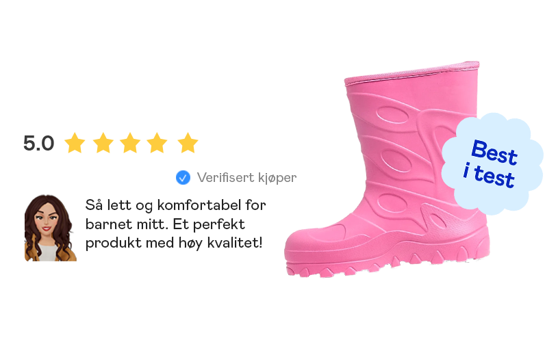 Rosa barnestøvel med fem stjerner og tekst: 'Så lett og komfortabel for barnet mitt. Perfekt produkt!'
