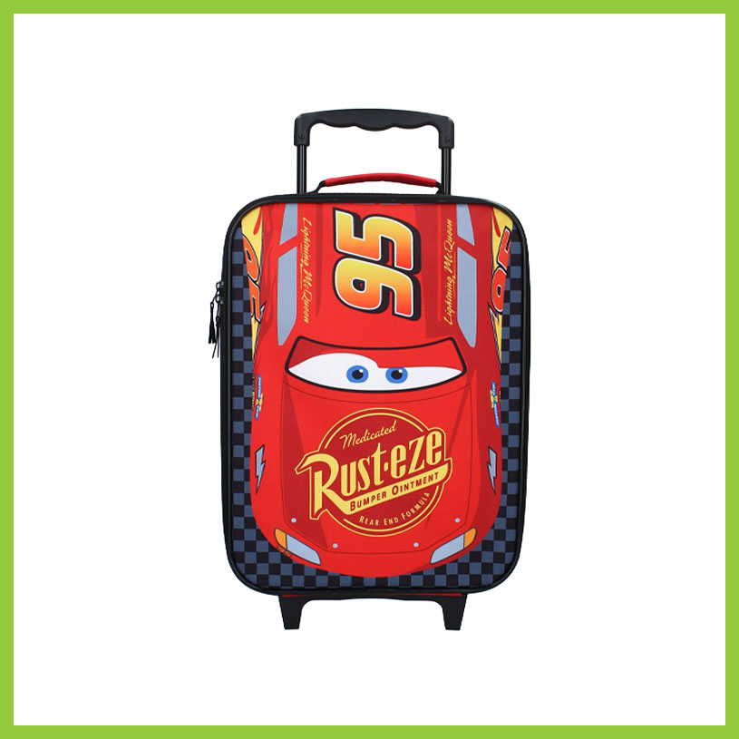 Rød koffert med karakteren Lynet McQueen og teksten 'Medicated Rust-eze Bumper Ointment'.