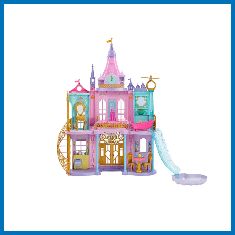 Fargerikt dukkehus med prinsessefigur og teksten 'Disney Princess'.