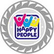 Logo med fargerike figurer og teksten 'Happy People' i en sirkel.