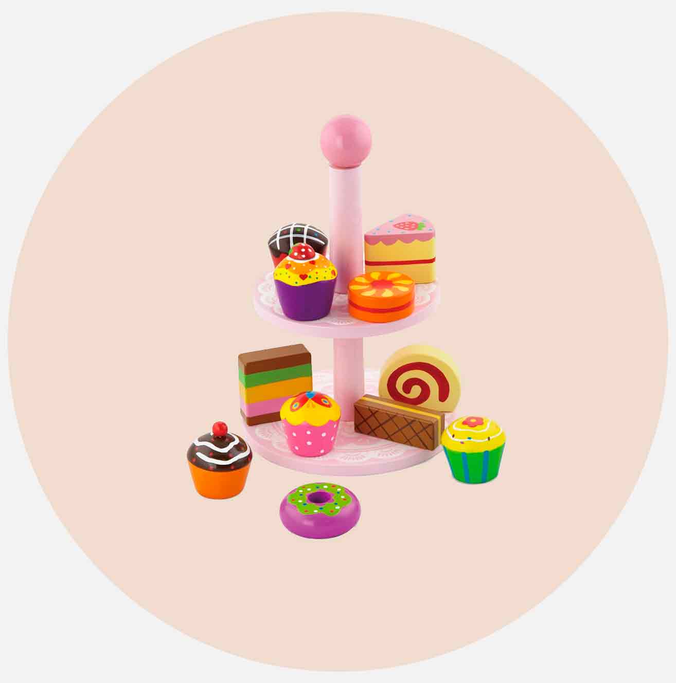 Fargerike lekekaker på et to-etasjes stativ.